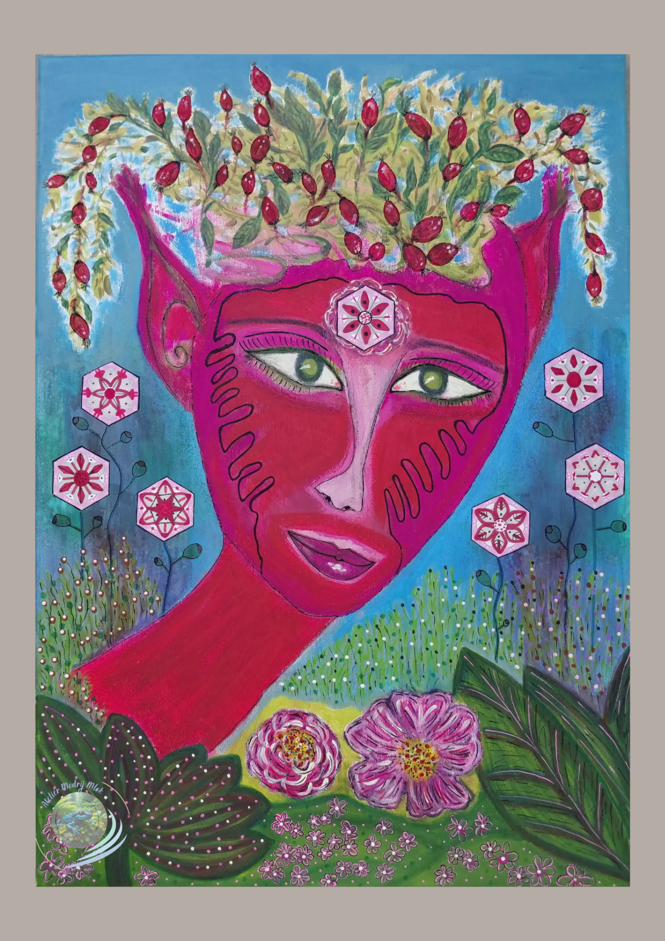 STRÁŽCE ŠÍPKOVÉHO KEŘE -akryl + mixmedia na plátně, 50 x 70 cm - originál neprodejný/ pouze plakát